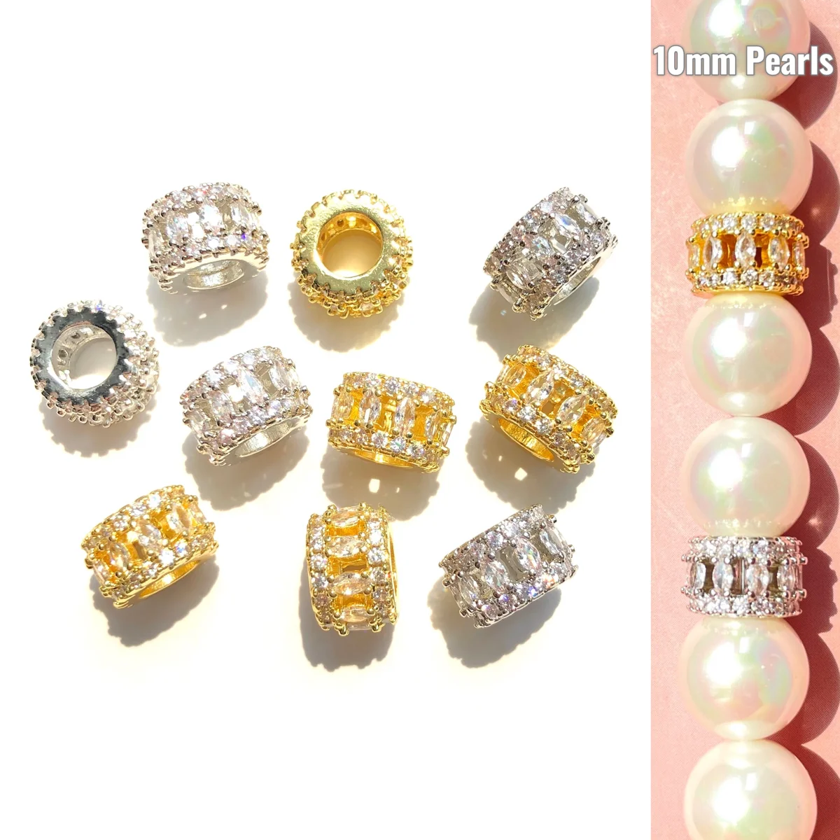 10pcs Zirconia Pave Hollow Wheel Spacer Gold-Plated Color Bling Beads for Bracelet Necklaces Earring Jewelry DIY Accessories