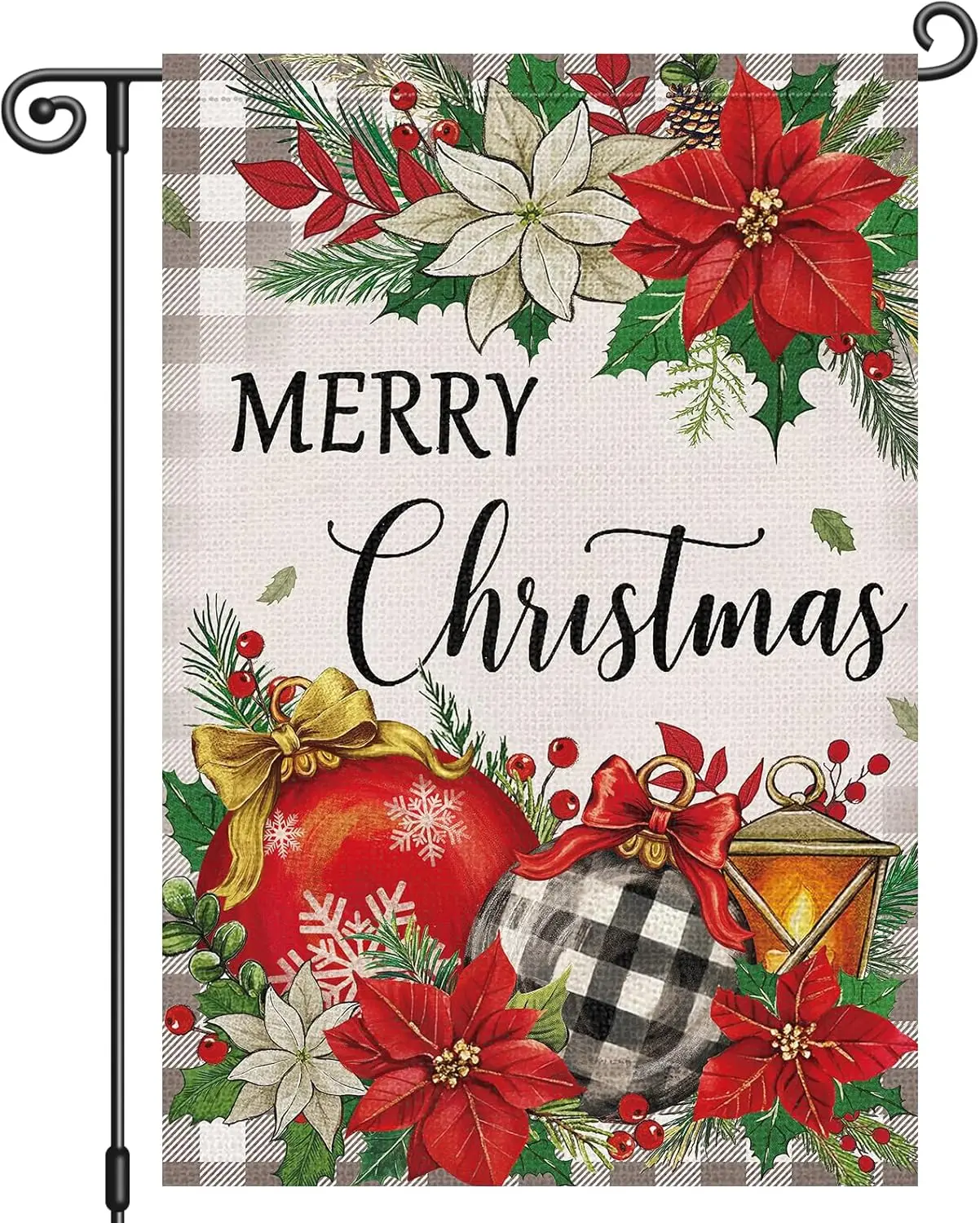 Merry Christmas Garden Flag Xmas Ball Floral Plaid 12x18 Inch Double Sided Winter Holiday Seasonal Small Burlap