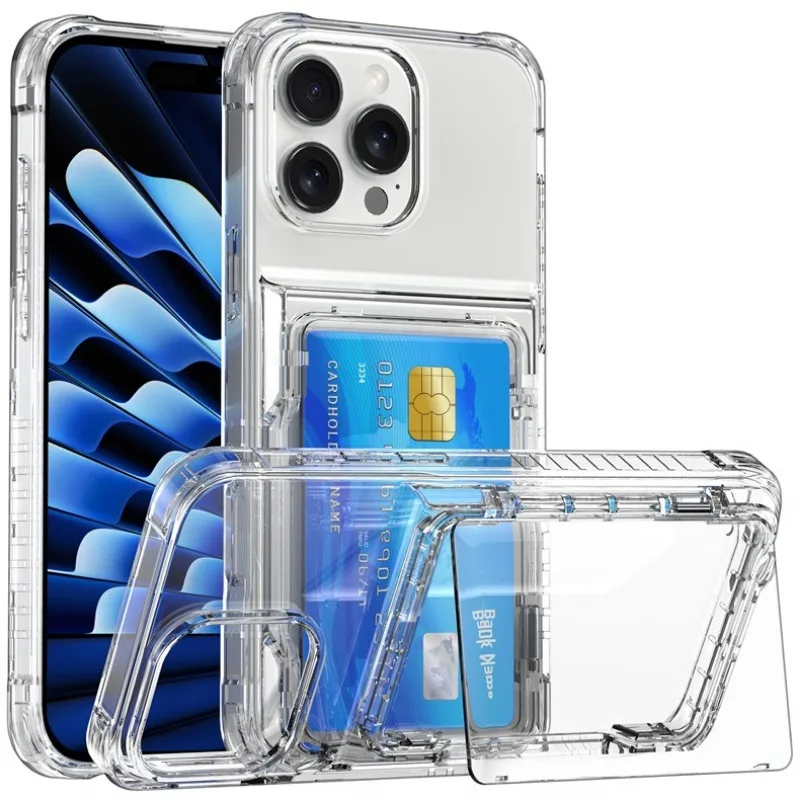 Transparente Hülle mit 4 Kreditkartenfächern und Stoßschutz für iPhone 16 15 14 13 12 11 18 Pro Max 17 Air Plus 16E Klare Handyhülle – Detail 14