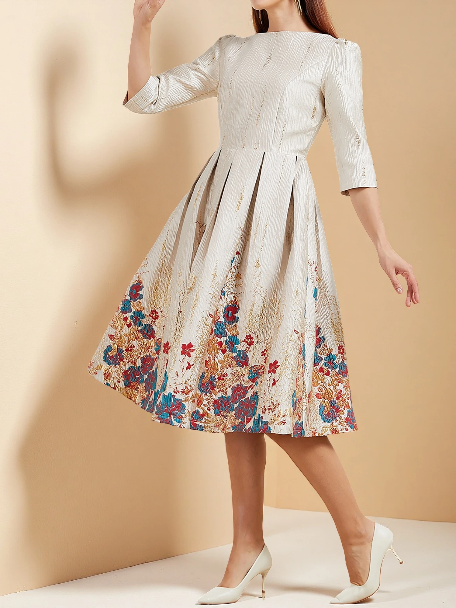 DEVCHATA Autunno Inverno Donne di Lusso Abito a Metà Polpaccio Stile Inghilterra Nuovo Floreale Moda Jacquard Partito Vita Sottile Al Ginocchio Abiti