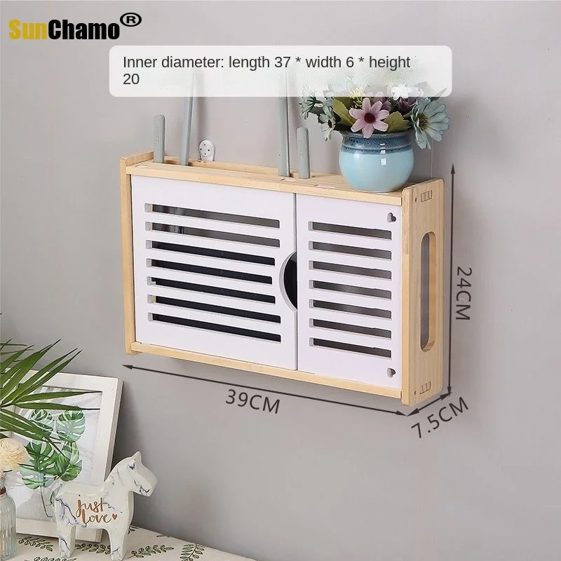 Wireless Router Storage Box Solid Wood Wall Mounted Non Perforated WiFi Shelf Cat Shelter Box Set Top Box Shelf