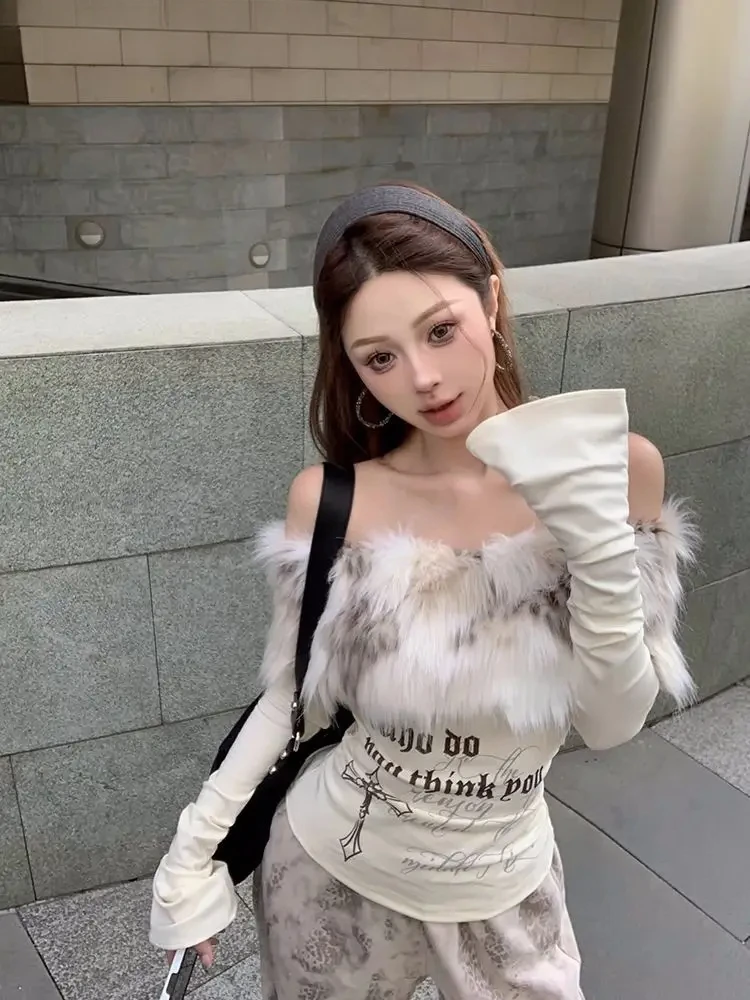 Furry Slash Neck Woman T Shirts Y2k Tops Letter Tunic Tees 2024 Ropa Mujer Fashion Korean Camisetas Off Shoulder Sexy Tshirts