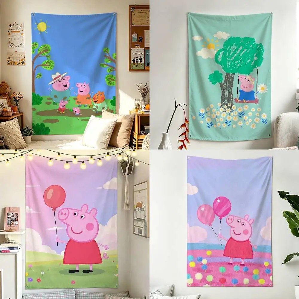 Cute Pink P-PeppaS PigS Vertical Flag Tapestry Wall Hanging Indoor Outdoor Home Decor