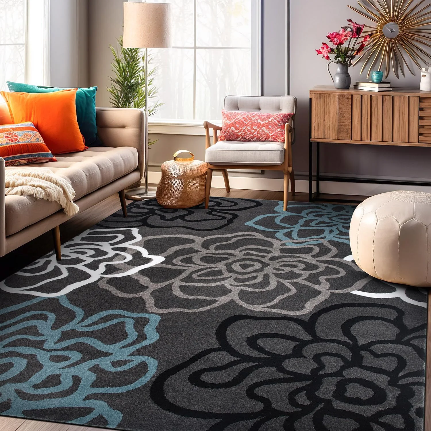 

Contemporary Modern Floral Abstract Flowers Easy Maintenance for Home Office, Living Room, Bedroom, Kitchen Soft Area Rug