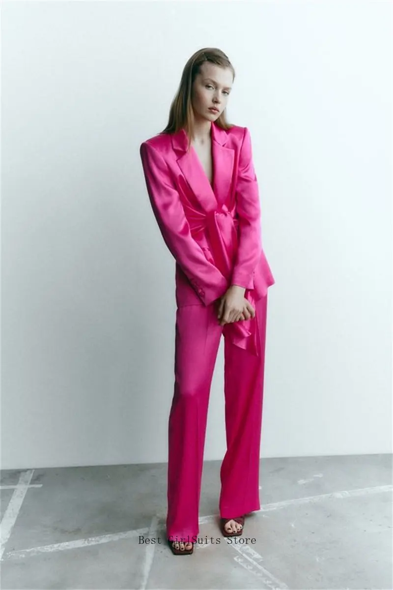 Silk Satin Women Suits Sets 2022 Pink Blazer With Belt+Pants 2 Piece Casual Fashion Streetwear Prom Evening Dress Custom Made