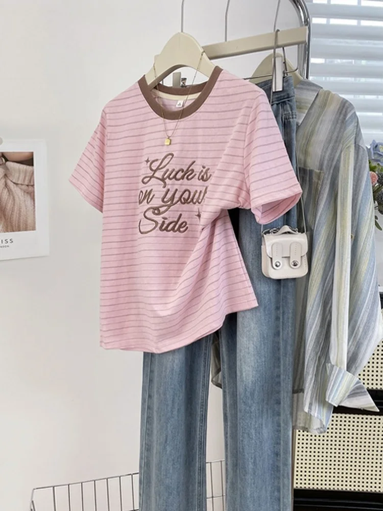 Retro Korean Striped Color Block round Neck Short Sleeve T-Shirt Women's Embroidered Letter Casual Versatile Lightweight Summ...