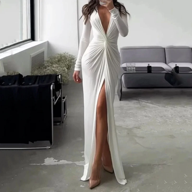 

Women's Maxi Dress, Slit V Neck, Long Sleeve, Monochromatic, Slim, Pleated, Evening Party Dresses, High Streetwear, Sexy,Fashion