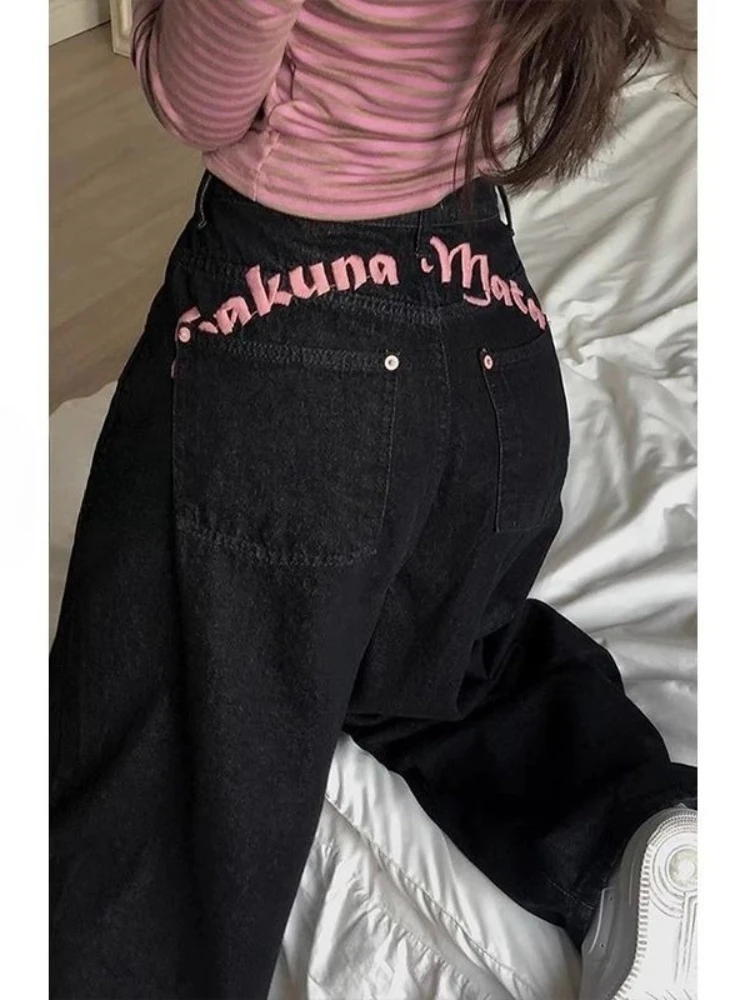 Deeptown Vintage Letter Embroidered Jeans Women Y2k Black Baggy Denim Trousers Kpop Spicy Girl Goth High Waist Streetwear Pants