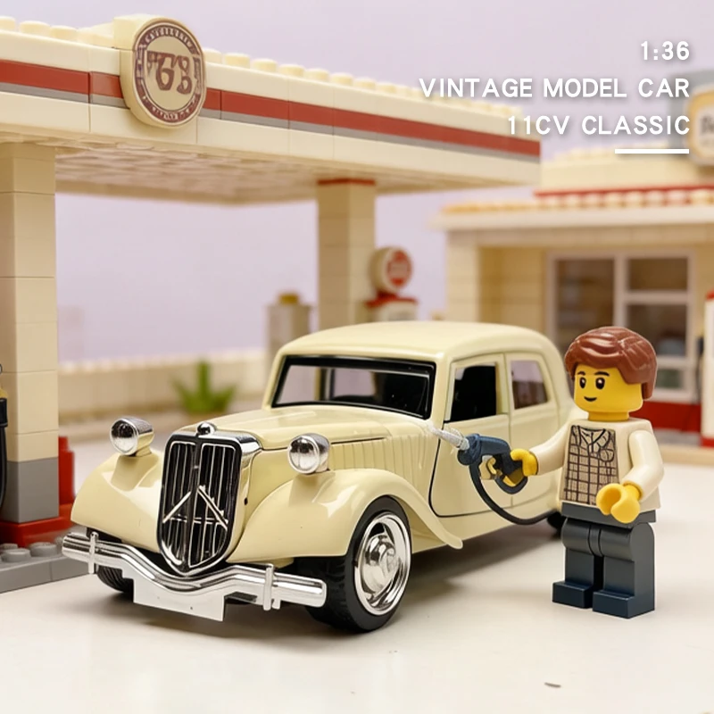 1:36 Legierungsdruckguss-Modellauto 11CV, Vintage-Automodell, klassisch, mit Rückziehfunktion, Türen zum Öffnen, Modellfahrzeug-Replik für Sammlung, Geschenk, Spielzeug – Detail 4