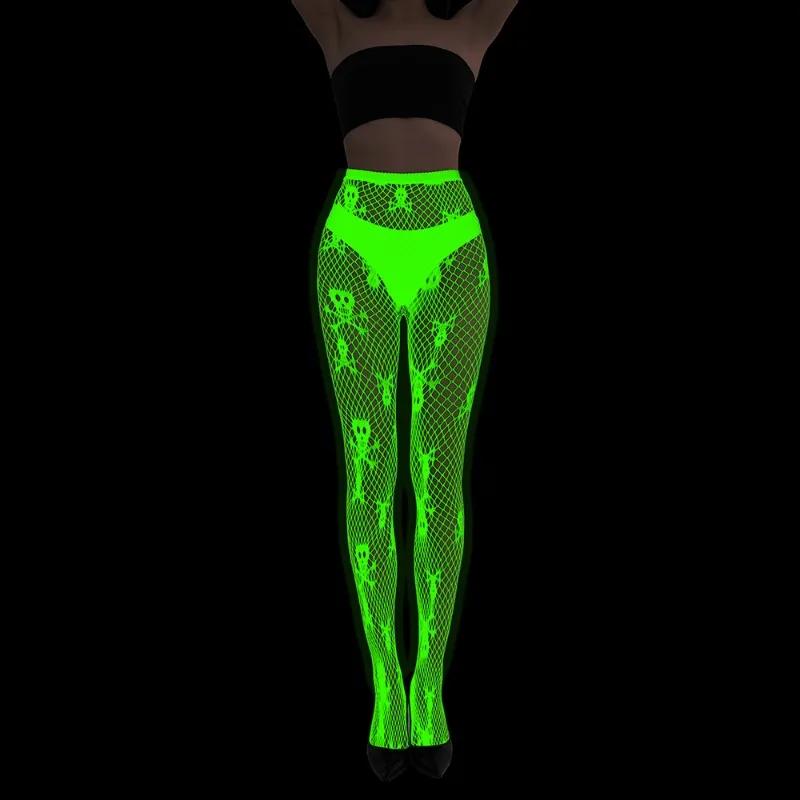 Rajstopy fluorescencyjne, świecące pończochy kabaretki, zielone światło, seksowny tatuaż, koronka, żakardowa koronka, ażurowe skarpetki.
