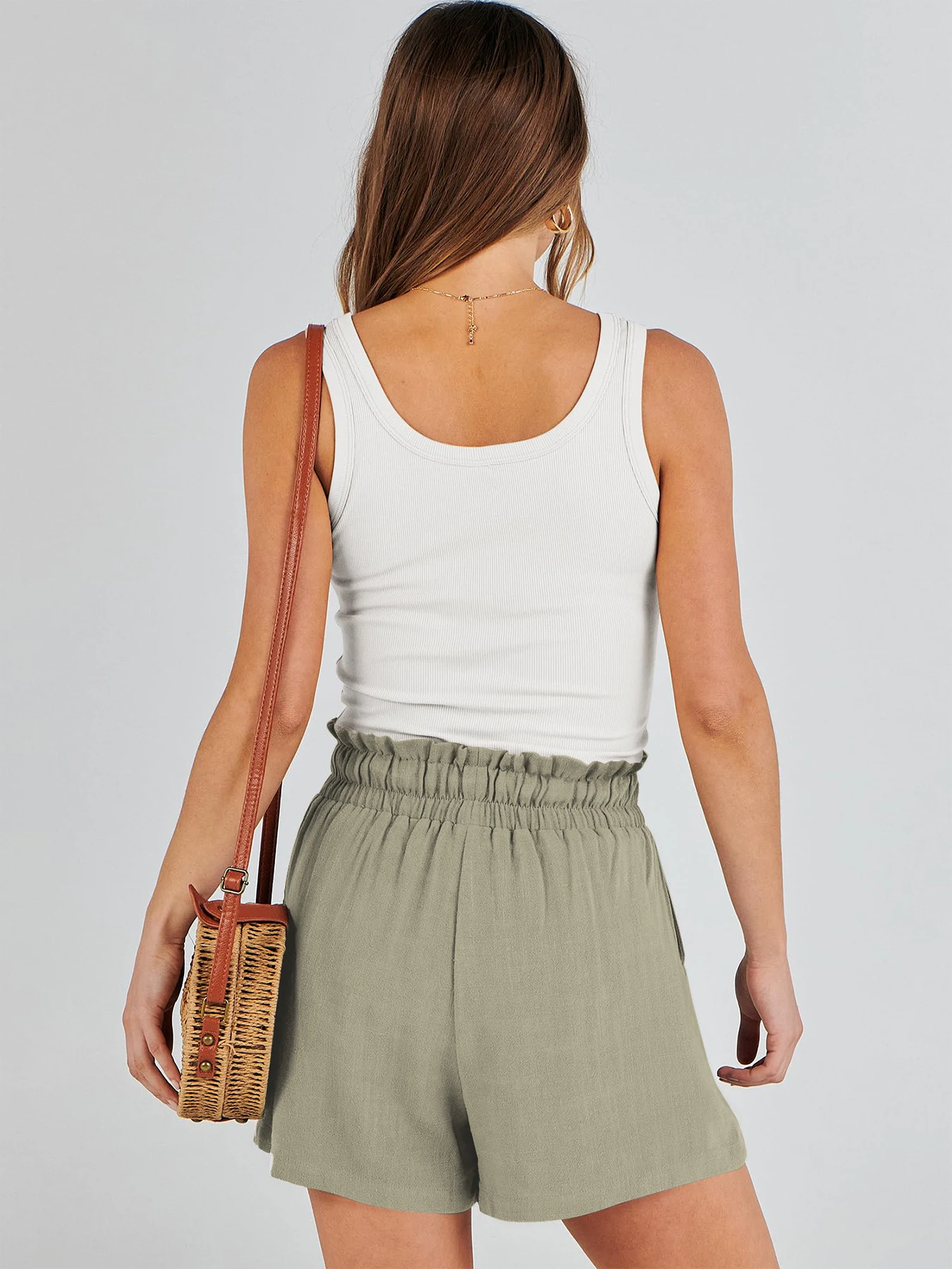 Damen-Shorts, atmungsaktiv, Kordelzug, elastische Taille, leicht, einfarbig, lässig, Business-Stil, modische Leinen-Shorts – Detail 14