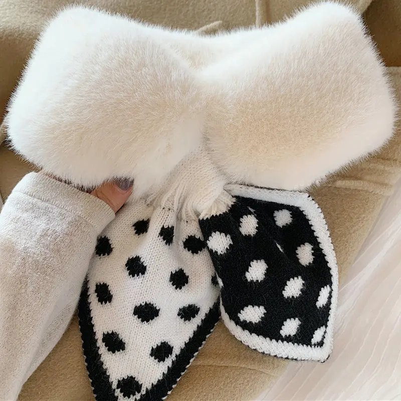 Women Winter Plush Scarf Faux Fur Collar Neck Tie Women Korean Knitted Wave Point Cross Scarves Warmer Autumn Fake Rabbit Fur