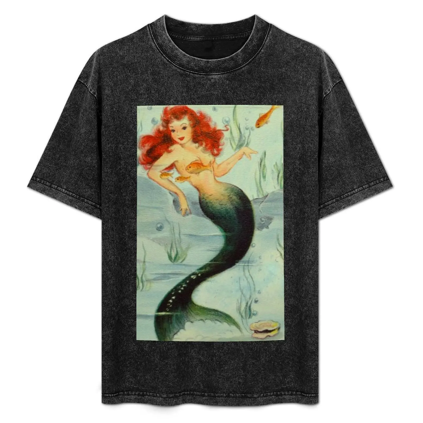 Red Head Mermaid Vintage Painting ReMastered American Artist Beach lover T-Shirt Sun Protective Outdoor Tee Top