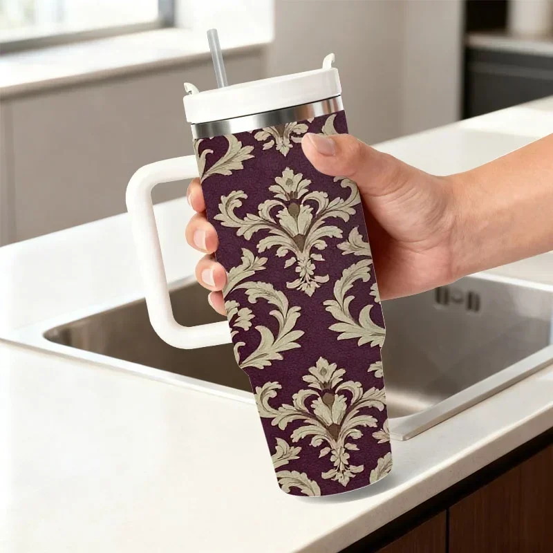 Elegant Damask Baroque Pattern 40Oz Stainless Steel Insulated Tumbler, Deep Purple Background with Intricate Light Beige Floral Swirl Print, Stylish Digital Print Drink Cup for Daily Beverage Use