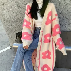 Women's Thick Long Knitted Cardigan 2022 Oversize Female Flower Sweater Knitwear Single Breasted Loose Outerwear