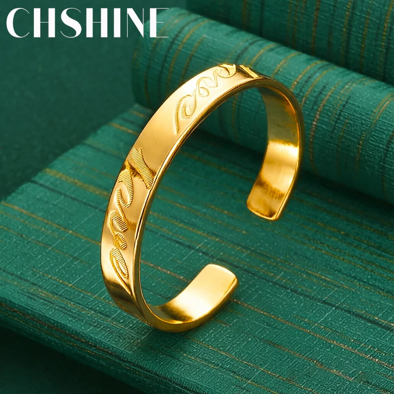 925 Sterling Silver 18k Gold Cuff Bangle For Women Engraved Letter Open Bracelet Fashion Wedding Party Jewelry