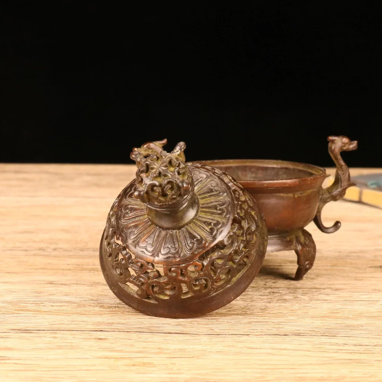 Chinese Ancient Bronze Three Legged Beast Hollow Out Incense Small Incense Stove
