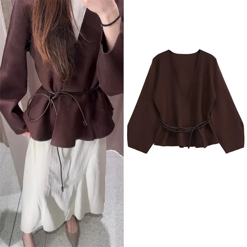 

Women's Cardigan 2025 Autumn New Style Deep Brown Long-sleeve with Belt Decoration V-neck Knitted Cardigan Coat Elegant