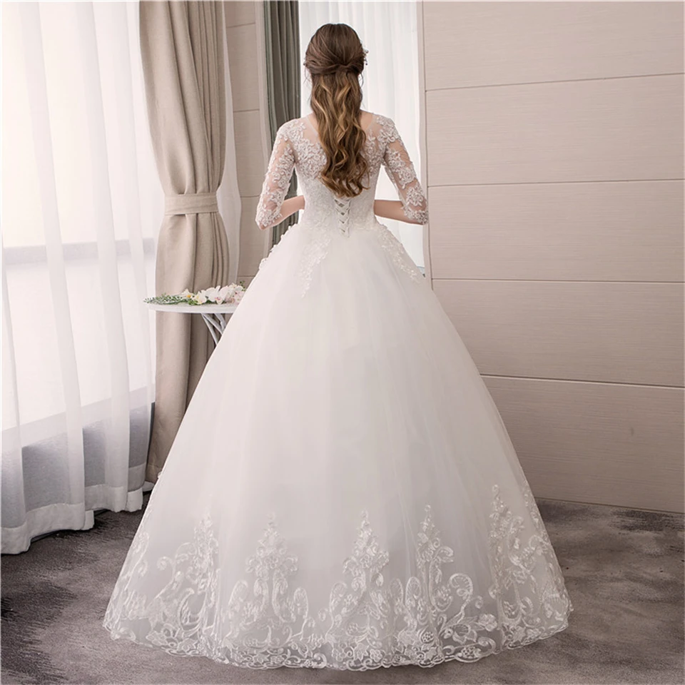 Klassische weiße/elfenbein farbene O-Ausschnitt halbe Ärmel Tüll Illusion Brautkleider Sweep Zug Ballkleid Brautkleider Vestido de Noiva