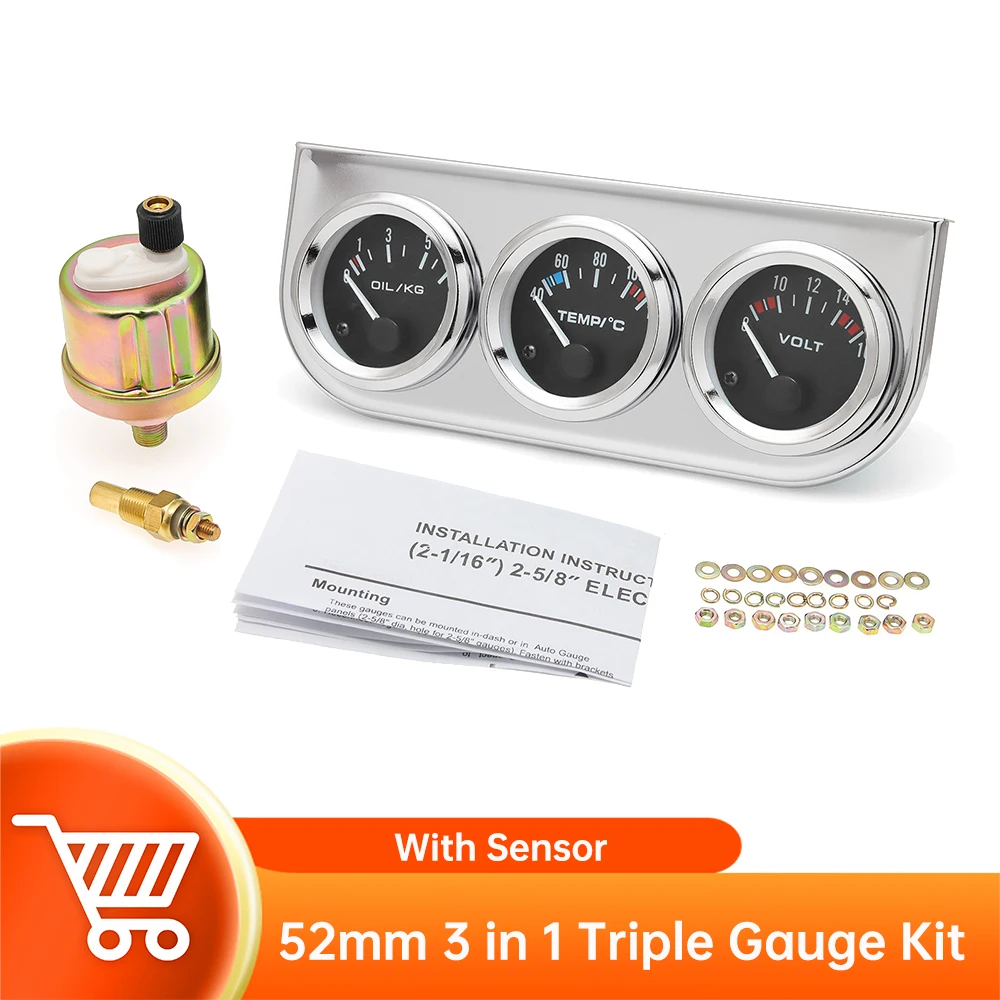 3 in 1 Triple Gauge Kit Black/Chrome Bezel Black/White Face Volt Gauge Water Temp Oil Pressure Gauge With Temp&Pressure Sensor