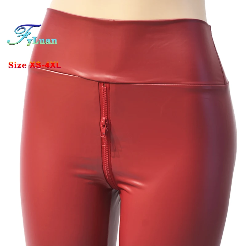 Wine Red Women Wet Look Open Crotch Pants Exotic Bodycon Slim Faux Leather Leggings Nightclub Custom Trousers Plus Size XS- 4XL