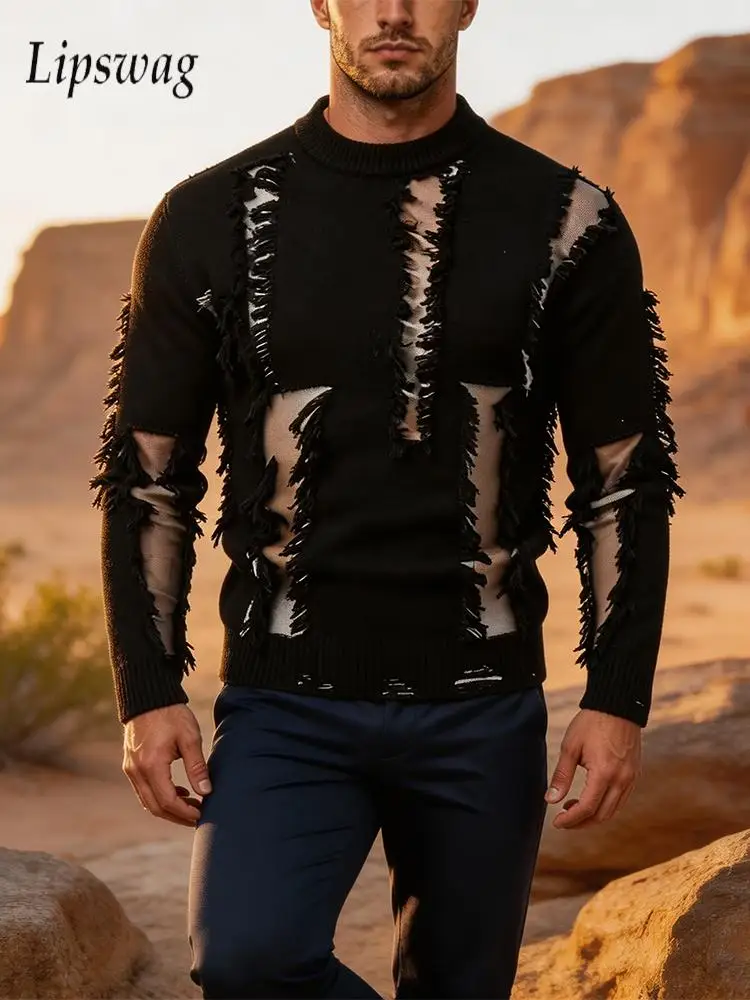 Fashionable Ripped Knit T-shirts Mens Vintage Contrast Color Slim Fit Long Sleeve Sweater Pullover Men Fall Winter Knitted Shirt