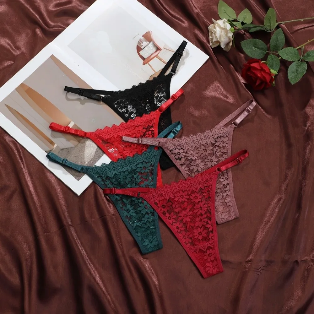 Low Waist Lace Flower Thongs Traceless Soft Adjustable Belt Briefs Underpants Solid Color Sheer T-back Panties Daily Wear