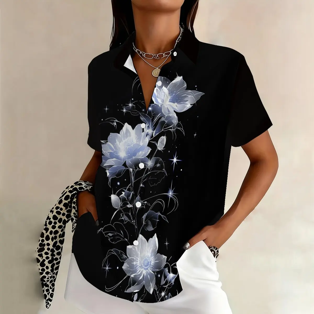 Summer plus-size women's single-breasted shirt, elegant and cool print, simple, exquisite, fashionable, romantic and suitable