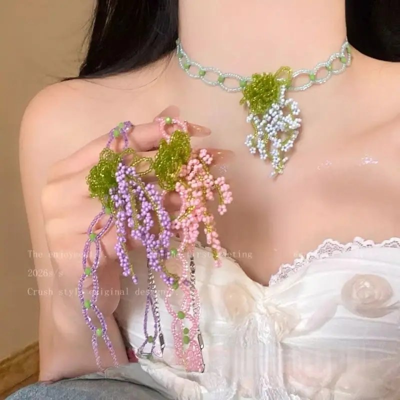 

Neck Flower Waterfall Colorful Beaded Flower Necklace for Women Spring and Summer Vacation Style Seaside Clavicle Chain Niche