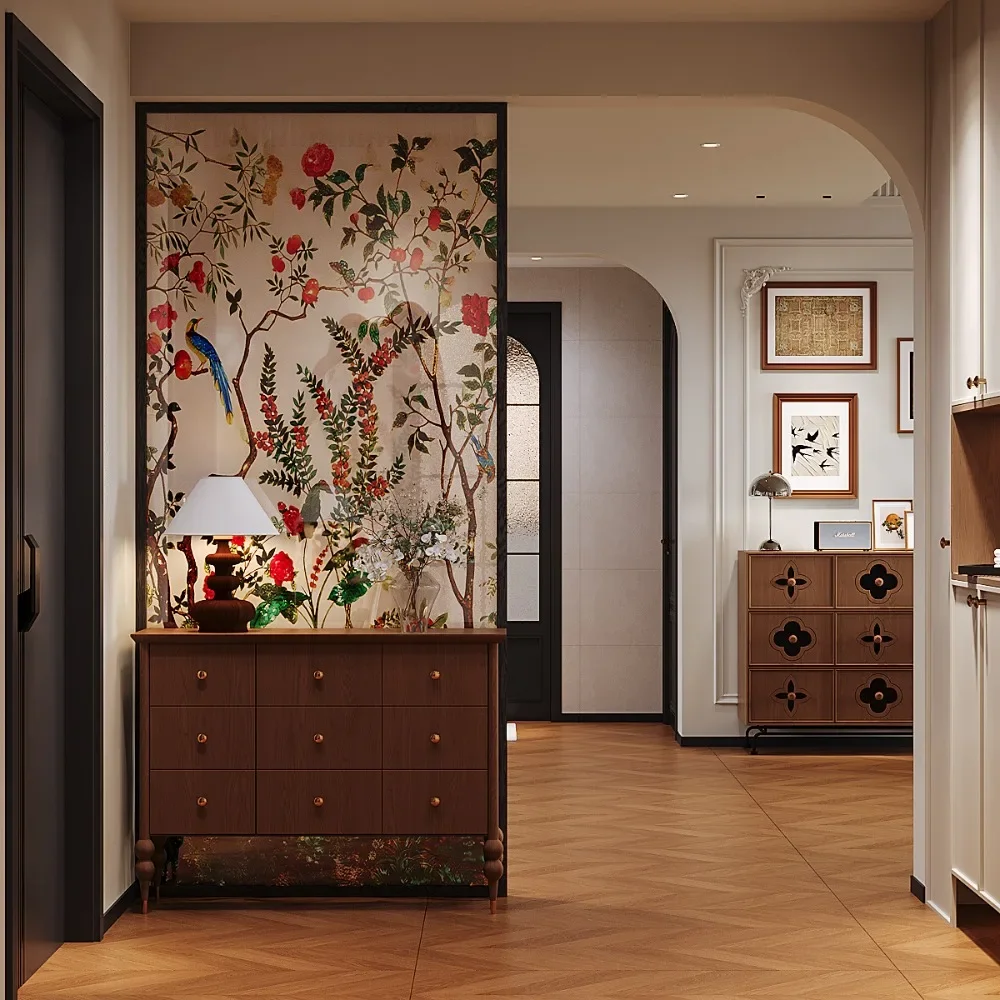 Screen partition living room mobile entrance art glass entrance door modern simple flower and bird solid wood small seat screen