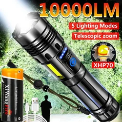 Powerful Led Flashlight XHP70 High Power Torch Light Usb Rechargeable Tactical Flashlight Use 26650 Battery COB Camping Lamp