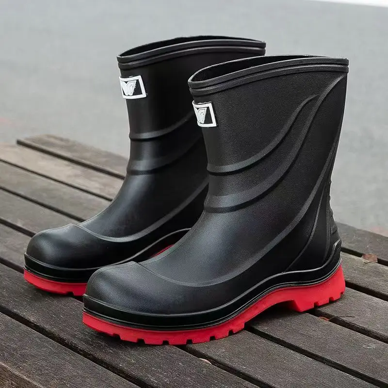 Men's Thick Sole High Top Rain Boots Spring Autumn New Injection Molding Waterproof Non Slip Slip On Drawstring Work Shoes