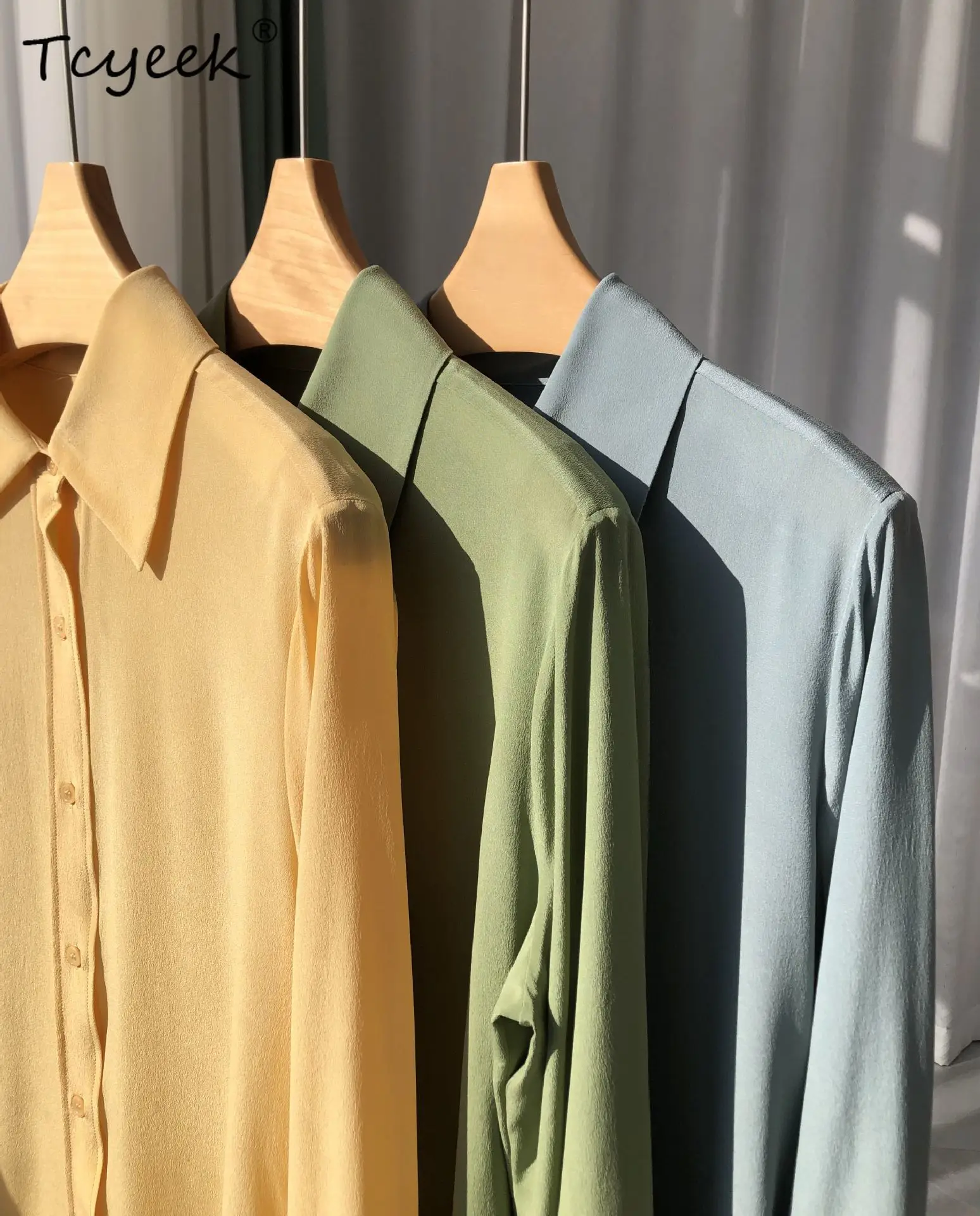 

Tcyeek 17MM 100% Real Silk Shirts, Women's Sand Washed Crepe Dechine Blouses,Long Sleeves 2025 Summer Autumn New T54503JF