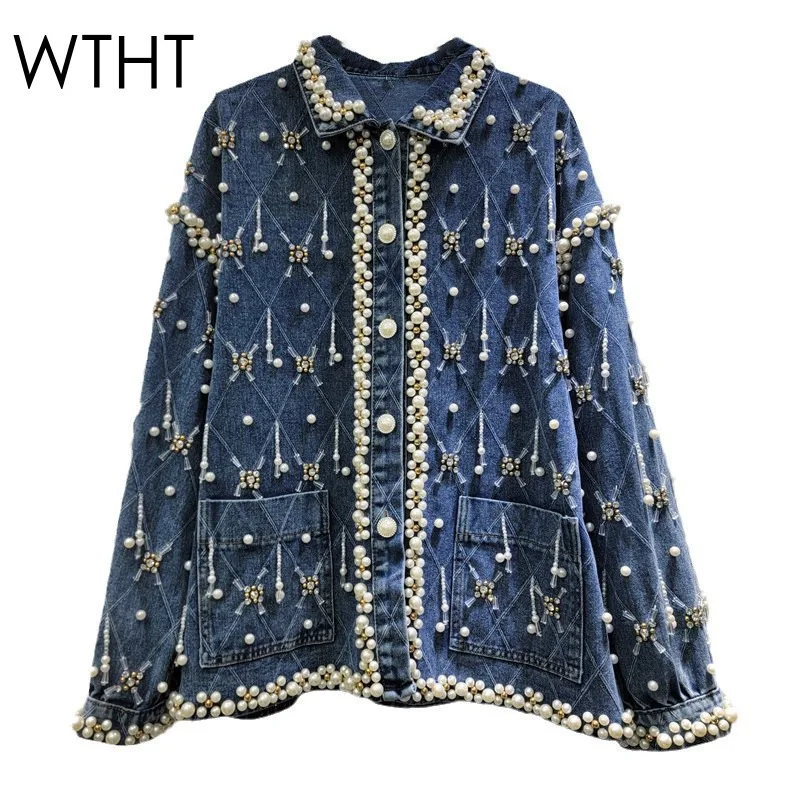 WTHT Trendy frauen Diamanten Perle Design Lose Denim Jacke 2025, Frühling Mode Neue Revers Langen Ärmeln Mantel Weibliche 1LS767