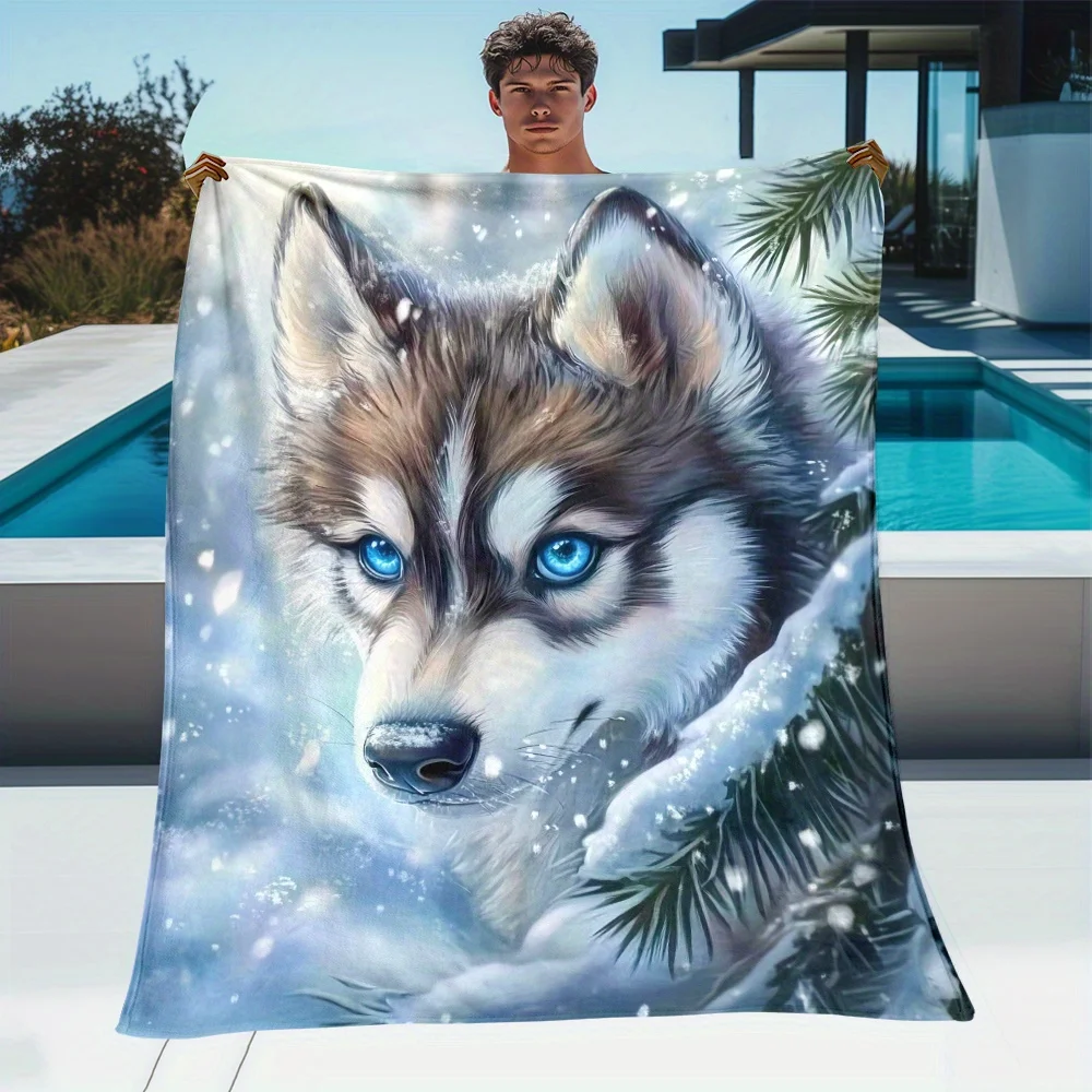 Mystic Husky Wolf Throw Blanket Blue‑Eye Snowy Pine Winter Art Soft Flannel for Bedroom Sofa Reading Nook Home Decor Gift