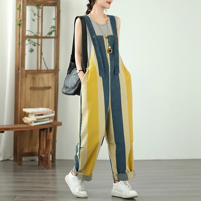 Verano 2025 Mono vaquero holgado para mujer con grandes kets y pantalones vaqueros largos resistentes al desgaste con diseño de sangre de colores a rayas