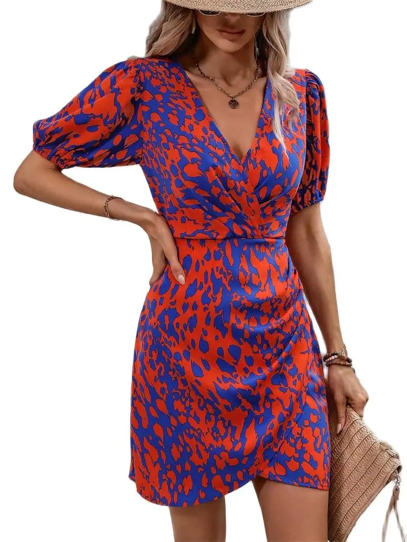 

Women V Neck Pullover Crossover Splicing Dress Elegant Print Casual Gown Ladies Summer Princess Short Sleeve Shrink Waist Dressy