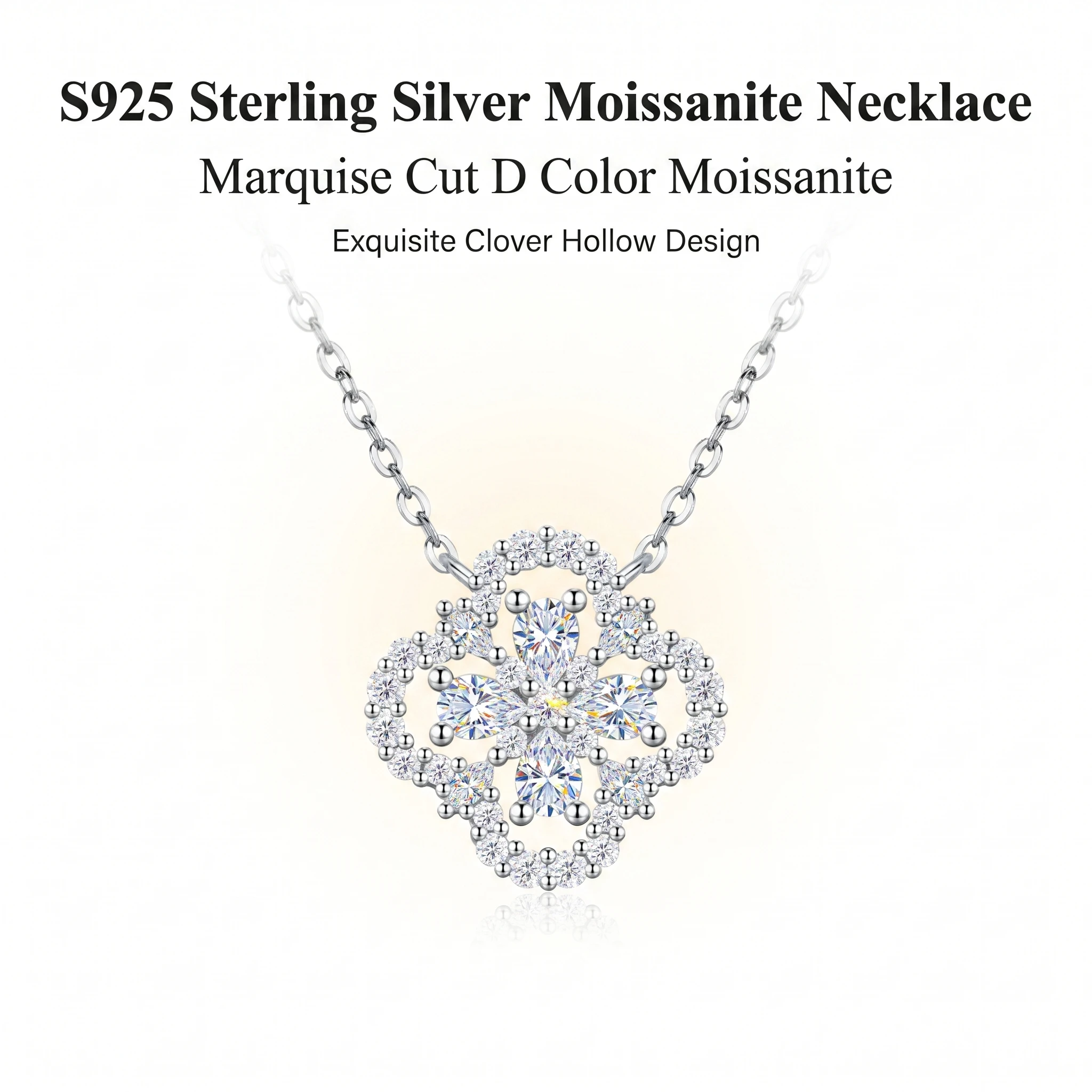 S925 Silver DColor Moissanite Clover Necklace for Women, GRA Certified Marquise Cut Hollow Pendant Party Gift