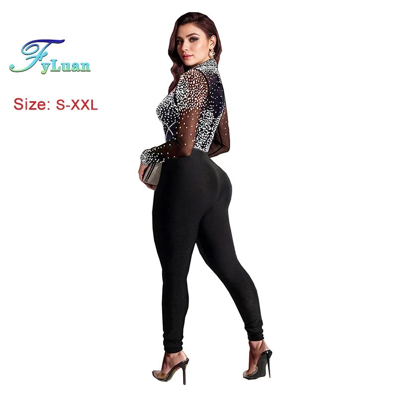 مجموعة شبكية شفافة مرصعة بالألماس بذلة نسائية بأكمام طويلة وسراويل ضيقة مرصعة بأحجار الراين وحفلات الكوكتيل والعطلات #2