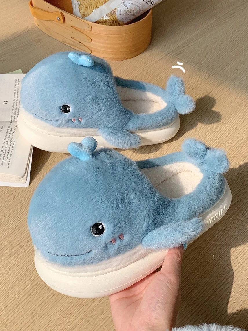 

Cute Cartoon Little Whale Slippers Unisex Indoor Warm Anti-Slip Winter Cotton Slippers Couples Home Shoes Comfortable Softsole