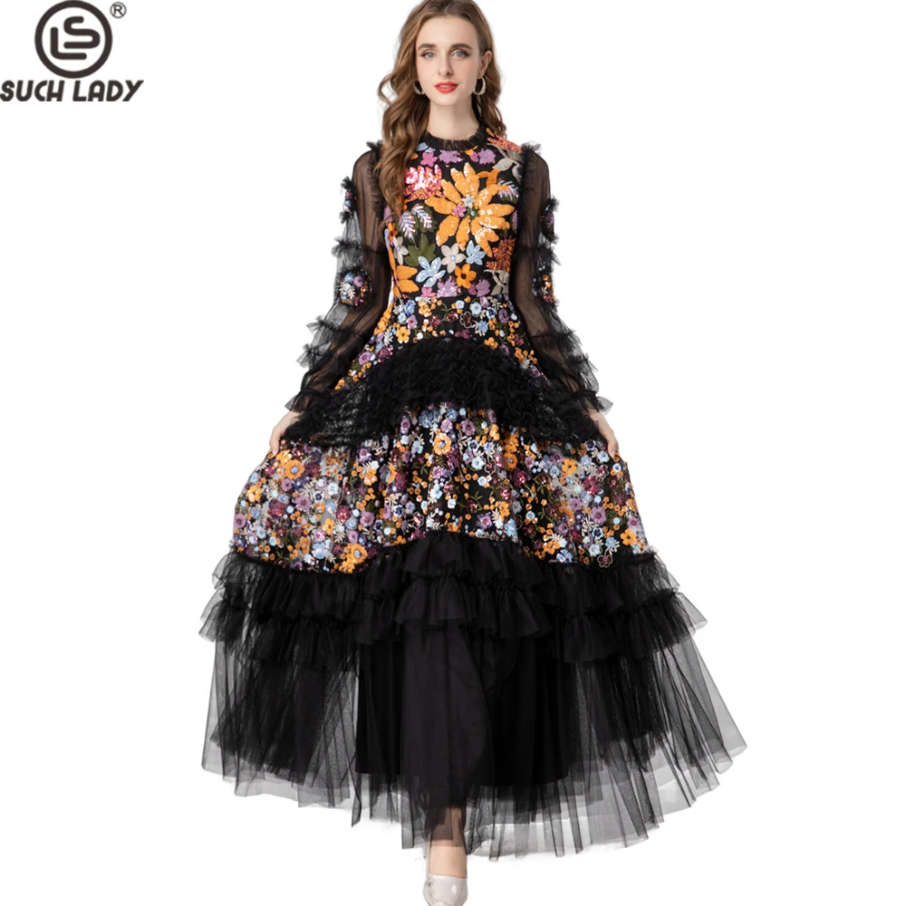 

JIANI Embroidered Sequin Floral Maxi Dress - Black Long Sleeve Tulle Ruffle Gown for Weddings, Proms & Special Occasions