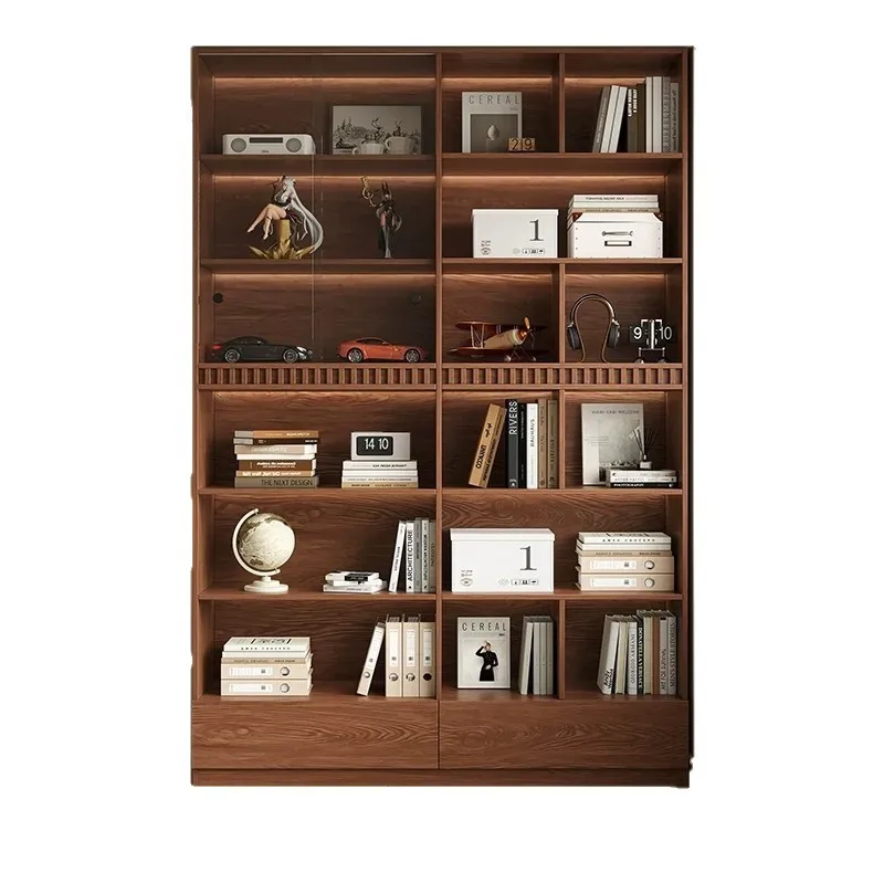 Medieval oak bookcase, locker integrated against the wall, living room shelf, solid wood display cabinet