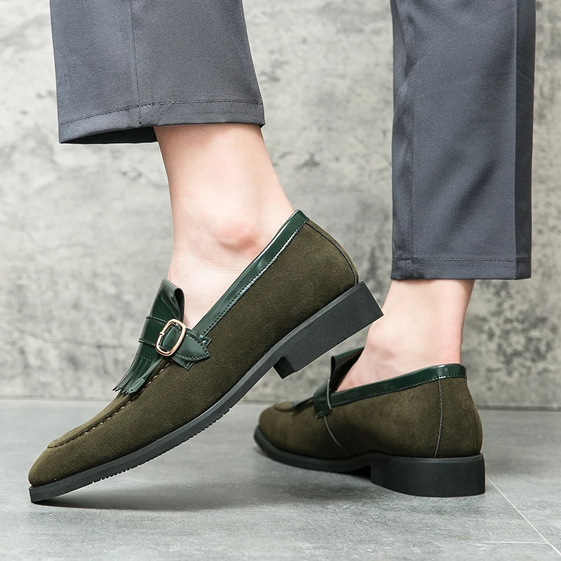 Lefu Mode Mannen Schoenen Puntige Retro Fleece Britse Stijl Een Stap Outdoor Rijden Jurk Schoenen Zwart Groen Maat 38-46 Heren Schoenen