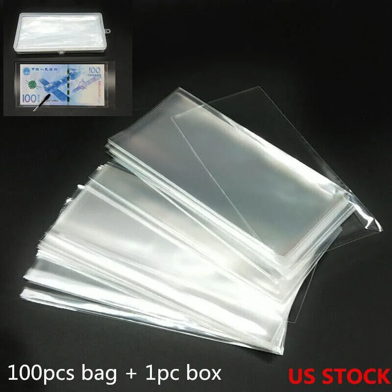 100Pcs Paper Money Storage Bag Currency Banknote Sleeve Pouch W/ Box Protector