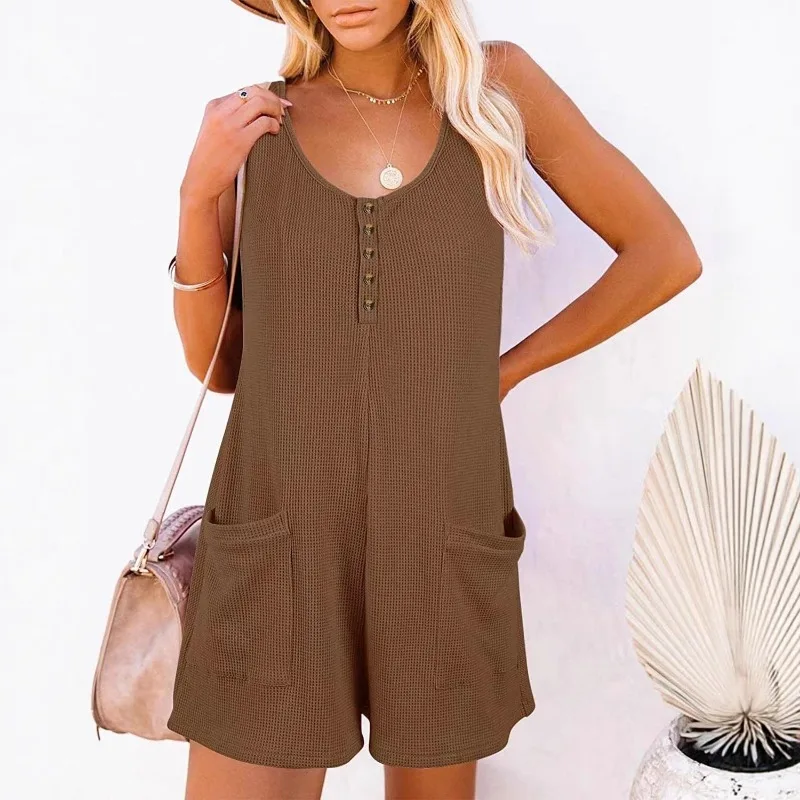 

Женский комбинезон без рукавов из вафельной ткани, черный, с пуговицами спереди, повседневный, свободного кроя, короткий, с карманами