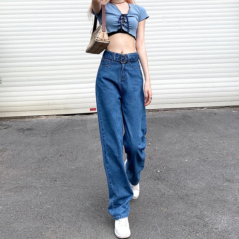 

2024 Summer New Casual Fashion Women New Denim Pants Baggy Jeans Clothing Mom Fit Straight Flared Loose Jean with Belt Female