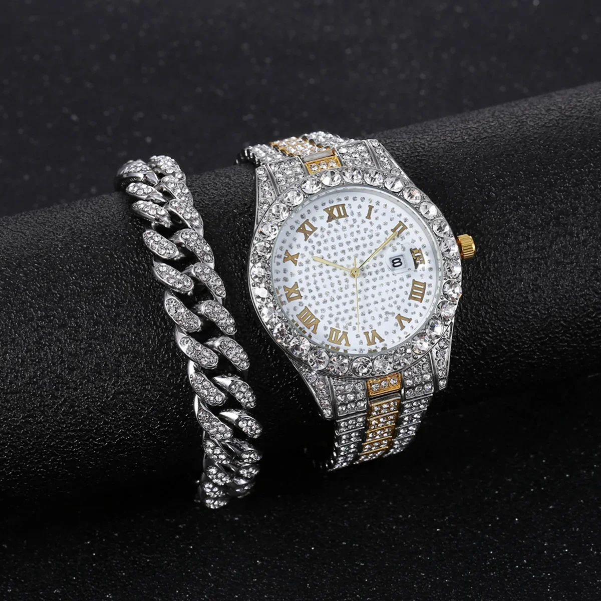 2pcs/set Rhinestone Large Dial Steel Strap Quartz Zinc Alloy Watch And Cuban Link Style Bracelet Set(1 Watch+1 Bracelet)