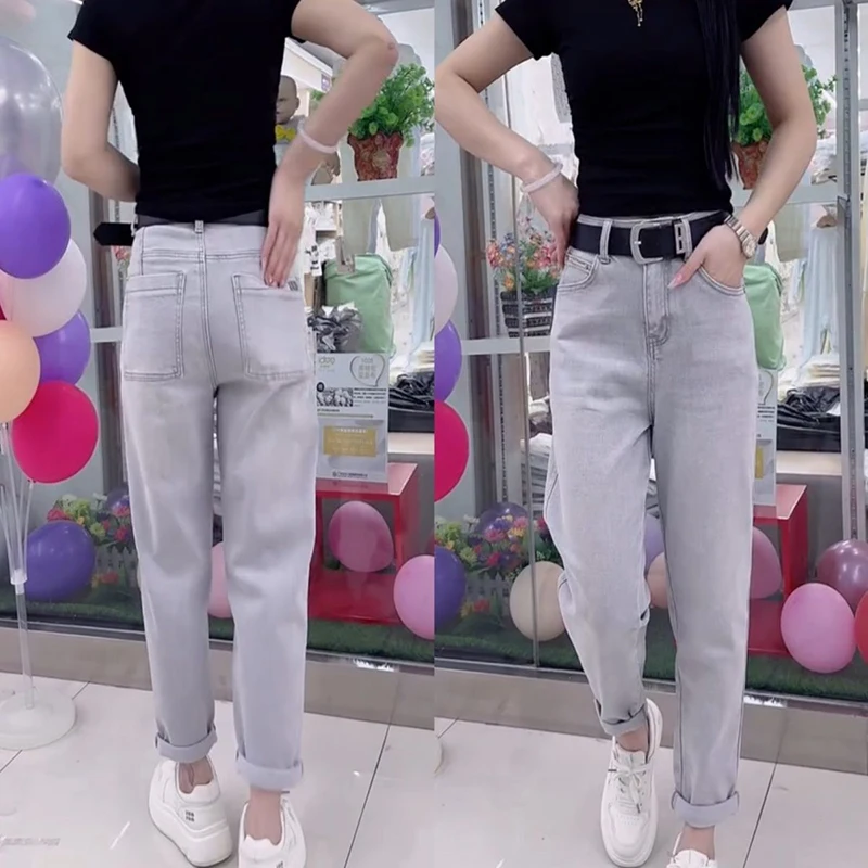 Sea salt grey Haren jeans new stretch slimming versatile solid high waisted nine point trendy old style fashion pants