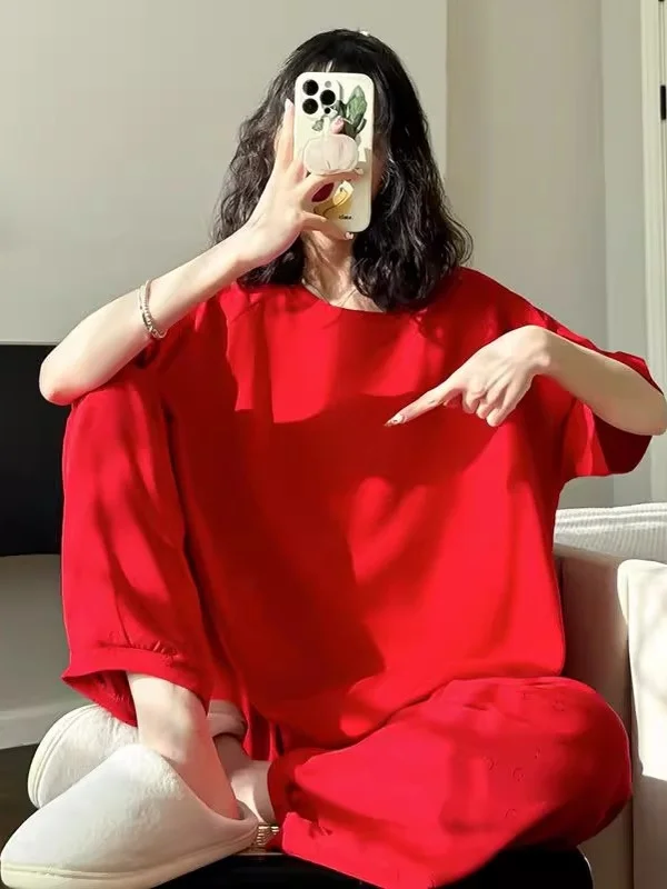 plus Size Summer New Loose Casual Short Sleeve Long Pants Sleepwear Set Women Comfortable Home Clothes Thin Material round Neck