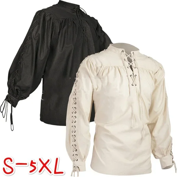 Medieval Shirts Men Tunic Pirate Costume Gothic Clothes Men Vintage Shirt Ruffle Neckline Drawstring Knight Cosplay Top